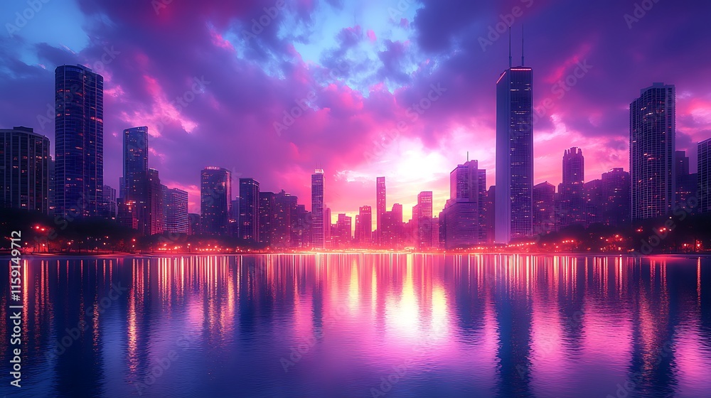 Fototapeta premium Sunset enhances vibrant cityscape colors reflecting on calm and peaceful water image