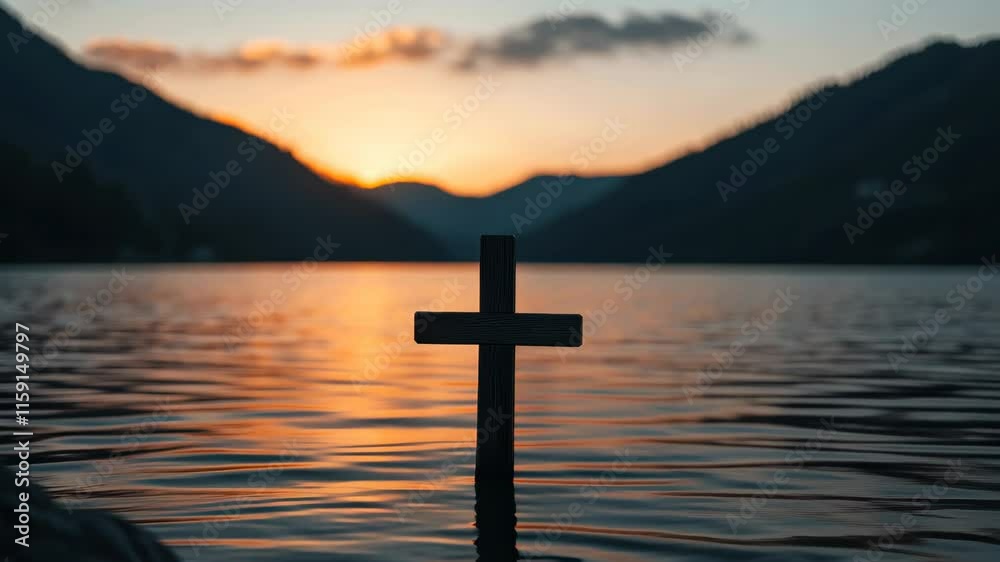 Sunset reflection on water with a cross anchored in the foreground near mountains Sunset reflection on water with a cross anchored in the foreground near mountains