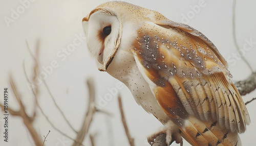 Beautiful common barn owl on twig against white background photo