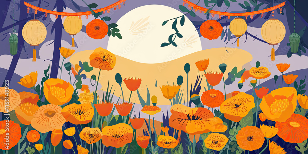 Vibrant Poppy Field at Night with Lanterns Moon Vibrant Poppy Field at Night with Lanterns Moon