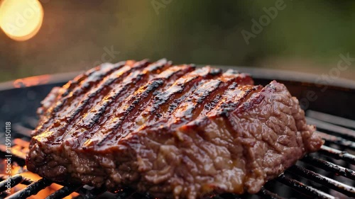 Grilled steaks with sear marks on a black barbecue grill outdoors