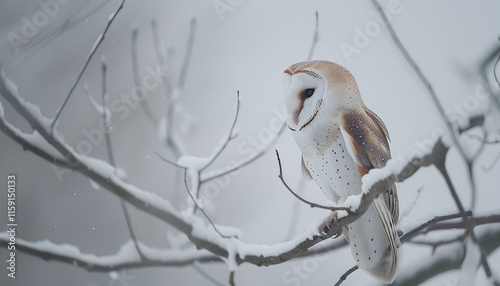 Beautiful common barn owl on twig against white background photo