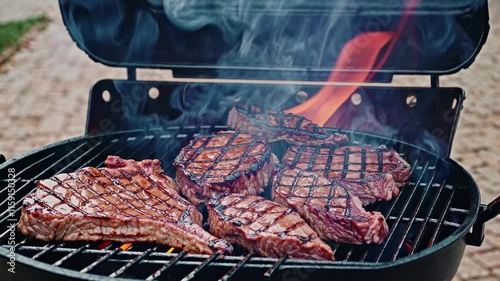 Grilled steaks with sear marks on a black barbecue grill outdoors