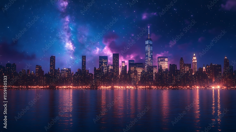 Fototapeta premium Sunset paints vibrant cityscape reflections beautiful on calm shimmering water image