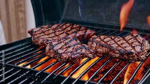 Grilled steaks with sear marks on a black barbecue grill outdoors