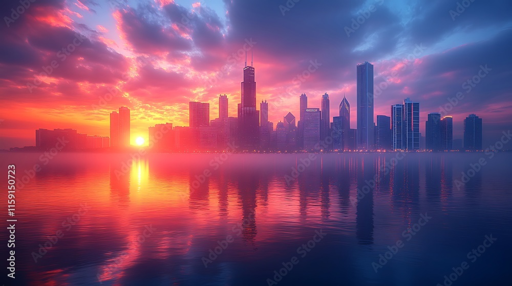 Fototapeta premium Sunset reflections shimmer on calm water beneath vibrant glowing cityscape image