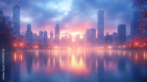 Sunset reflections shimmer vibrantly on calm water beneath glowing cityscape wallpaper image