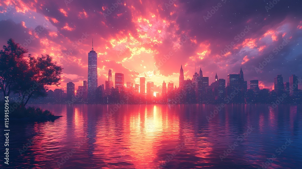 Sunset sky reflects vibrantly on cityscape and calm tranquil water below image