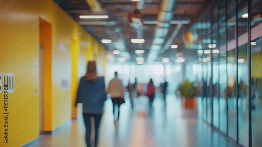 Modern hallway with vibrant yellow walls and blurred motion of people walking. Perfect for dynamic workspaces, contemporary design, and professional environments. Modern hallway with vibrant yellow walls and blurred motion of people walking. Perfect for dynamic workspaces, contemporary design, and professional environments.