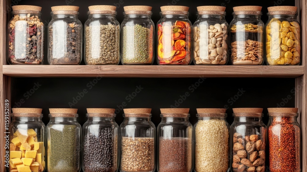 Colorful Variety of Spices and Herbs in Glass Jars on Shelf Colorful Variety of Spices and Herbs in Glass Jars on Shelf