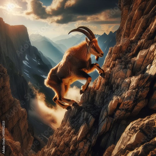 178 A rugged mountain goat scrambling up a rocky cliff face (Eco