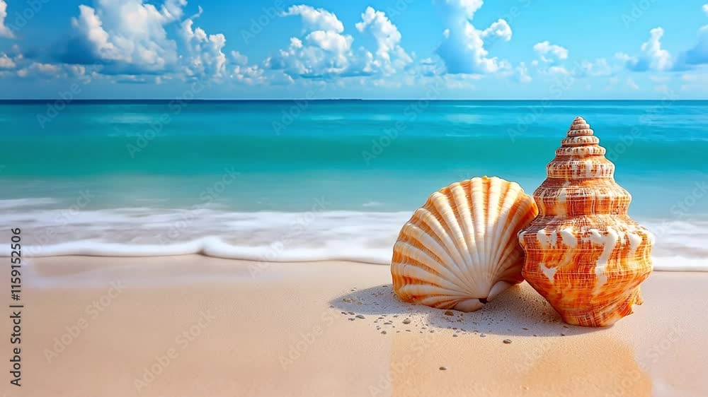 Two seashells resting on a pristine sandy beach with turquoise waves in the background. Concept of summer, nature, and coastal beauty. Two seashells resting on a pristine sandy beach with turquoise waves in the background. Concept of summer, nature, and coastal beauty.