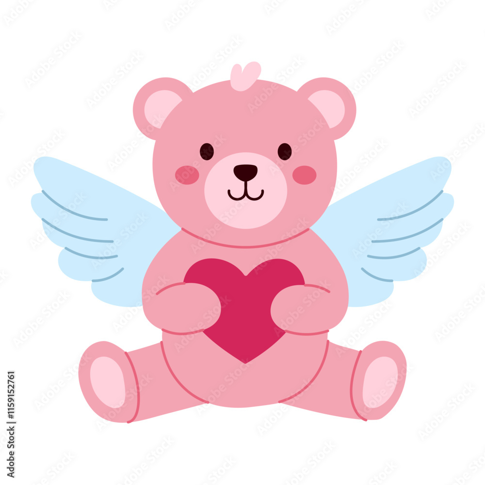 A pink teddy bear with wings and a heart. The bear is sitting on a white background A pink teddy bear with wings and a heart. The bear is sitting on a white background