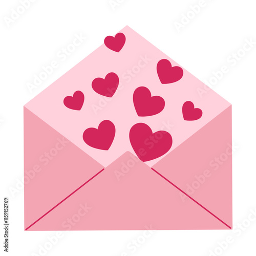 A pink envelope with hearts on it. The hearts are scattered all over the envelope, and the envelope is open