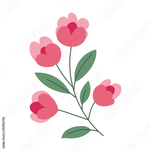 A flower with five petals and green leaves. The flower is pink and has a delicate appearance