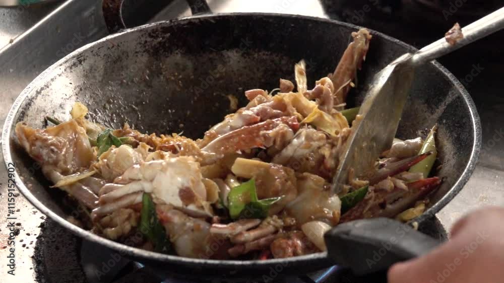 A person is cooking food in a pan with a lot of meat and vegetables. The food looks delicious and is being cooked on a stove A person is cooking food in a pan with a lot of meat and vegetables. The food looks delicious and is being cooked on a stove