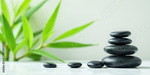 Serene Spa Setting Smooth Black Stones and Lush Greenery Create a Tranquil Atmosphere for Relaxation and Wellness