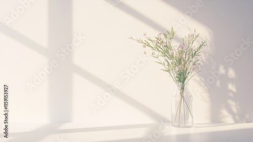 Minimalist still life of wildflowers in a clear glass vase on a sunlit surface with elegant shadows. Generative AI