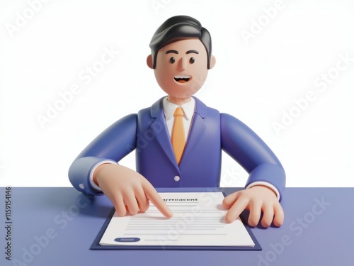 3D Businessman Pointing at a Document on a Table with a Friendly Smile photo