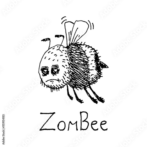 zombee hand drawn ink honey bee zombie. Vector illustration isolated on white