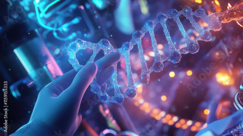 Abstract luminous DNA molecule held by gloved hand, showcasing vibrant colors and intricate details in futuristic lab setting, evoking sense of scientific discovery and innovation
