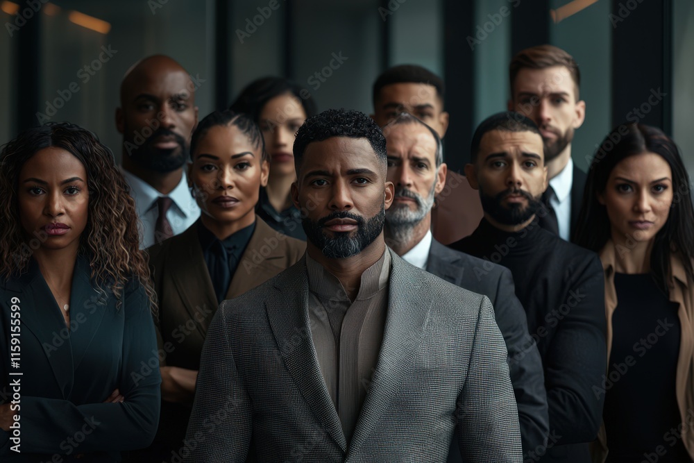Diverse business team in modern office exuding confidence and unity. Perfect for leadership, teamwork, corporate success, and diversity inclusion themes. Diverse business team in modern office exuding confidence and unity. Perfect for leadership, teamwork, corporate success, and diversity inclusion themes.