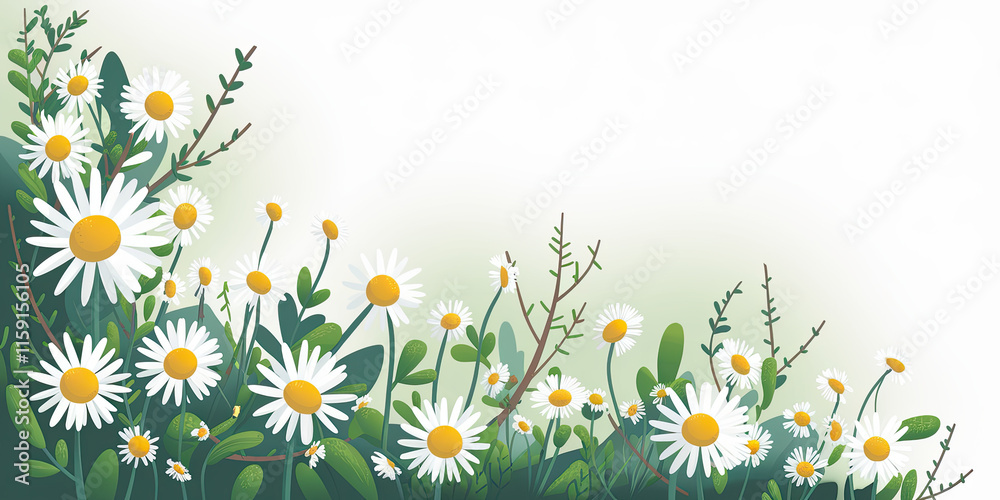 Fototapeta premium Spring Meadow Daisies Flowers Nature Floral Border Background