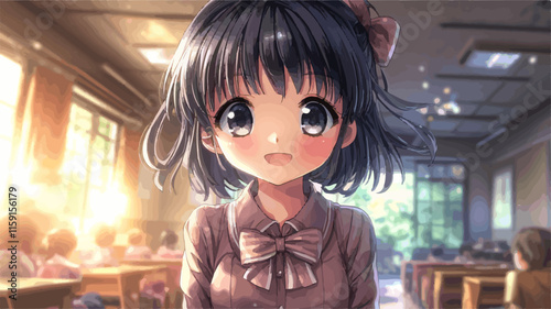 Cute anime schoolgirl smiling in classroom with sunlight