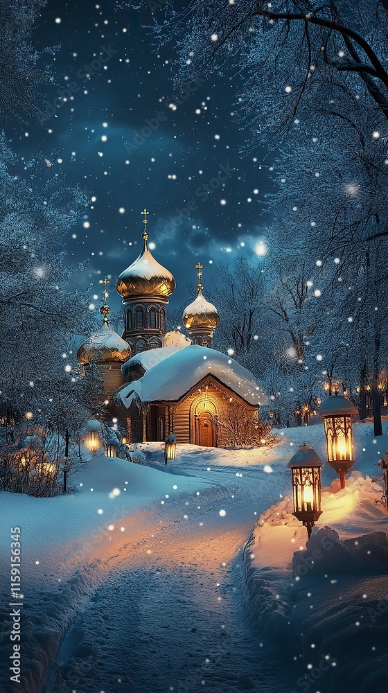 Fototapeta premium Illuminated Orthodox Church in a Winter Night Landscape, Orthodox Christmas