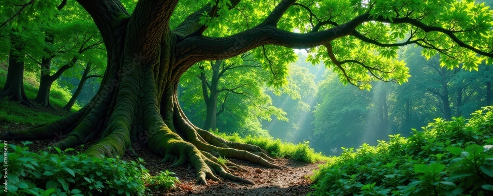 Ancient tree with sprawling roots in dense green forest , roots, foliage, ancient Ancient tree with sprawling roots in dense green forest , roots, foliage, ancient