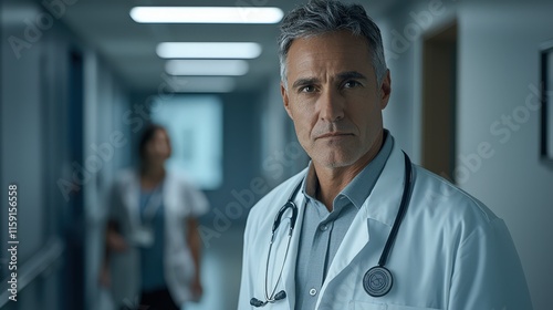 Confident male doctor in white coat with stethoscope in hospital corridor. Ideal for healthcare, expertise, patient care, and medical leadership themes. photo