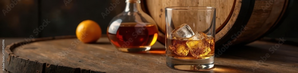 Fototapeta premium Close-up of ice-filled glass with whiskey and decanter in the background behind a wooden barrel, ice, liquid