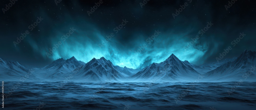 Fototapeta premium Ethereal Nighttime Landscape with Majestic Mountains and Illuminated Sky in Dusk Blue Tones