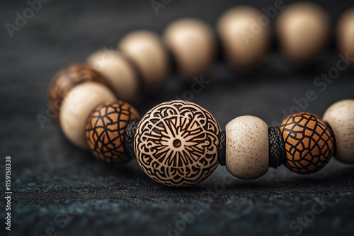 closeup of brown and beige wooden muslim prayer beads photo