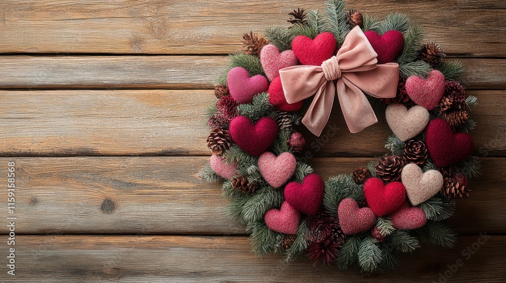 A festive wreath adorned with hearts and pinecones, perfect for seasonal decoration. A festive wreath adorned with hearts and pinecones, perfect for seasonal decoration.