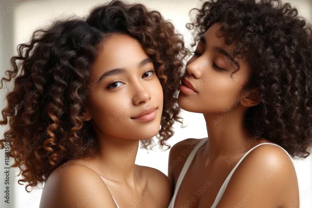 Obraz premium two women with curly hair are posing for a picture