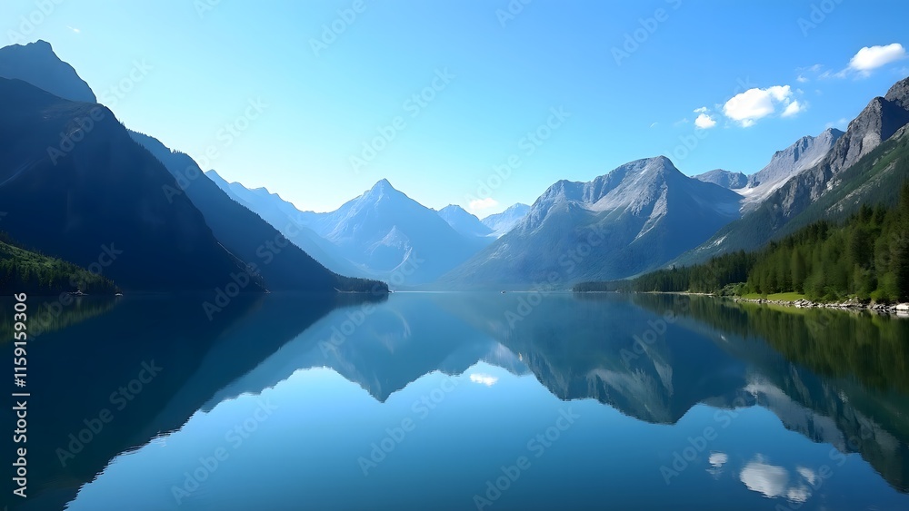 Fototapeta premium Serene Mountain Lake Reflection Peaceful Blue Sky Landscape