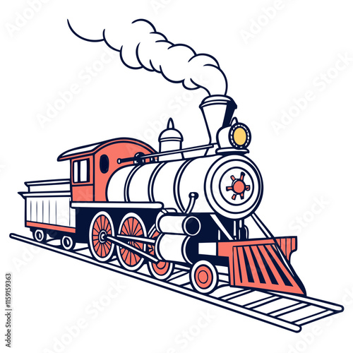 Vintage steam engine locomotive Silhouette, retro train illustration, puffing white smoke, Isolated on a transparent background