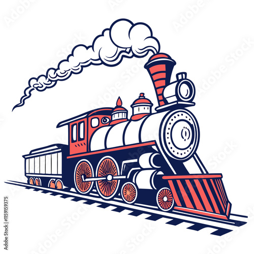 Vintage steam engine locomotive Silhouette, retro train illustration, puffing white smoke, Isolated on a transparent background