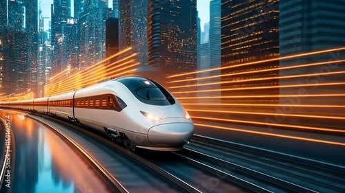 A high speed train speeds through a futuristic cityscape, with neon lines trailing behind it creating a dynamic motion blur effect