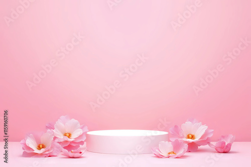 Blank podium with pink roses on pink background. Showcase for product, perfume, jewelry and cosmetic presentation
