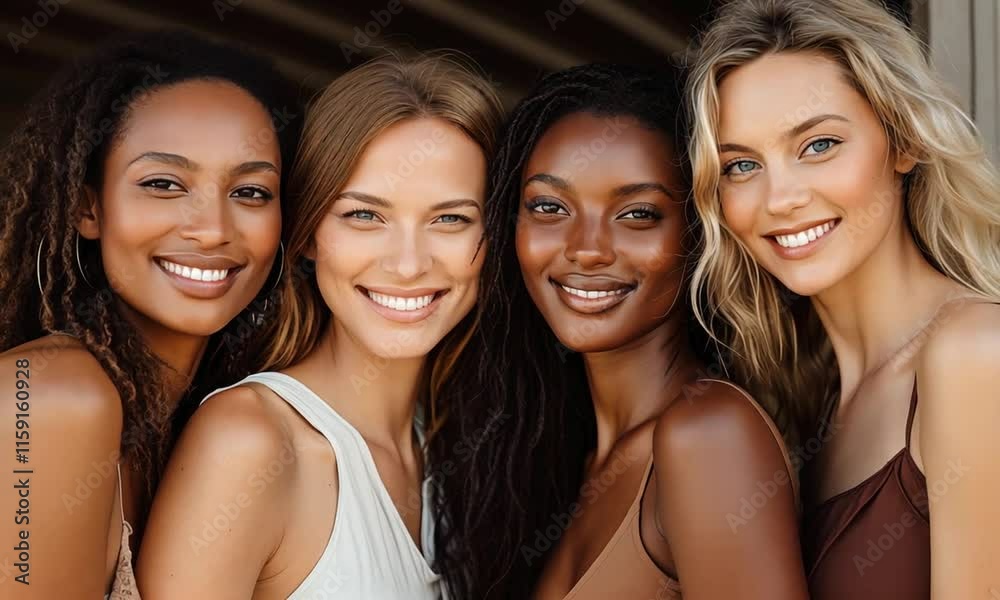Four diverse model looking young ladies with different skin tones smiling at camera with toothy smile Four diverse model looking young ladies with different skin tones smiling at camera with toothy smile