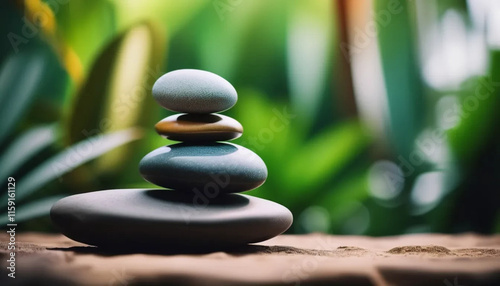 Colorful stacked stones and tropical plants in the background: alming scene, Zen themes, meditation, relaxation, wellness, nature, mindfulness, mental health, life balance, travel concept photo