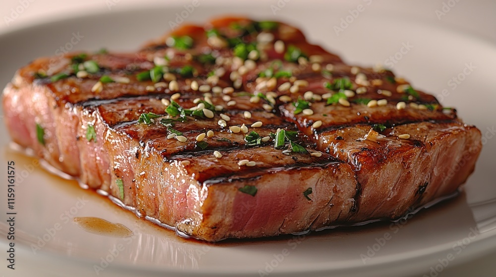 Grilled tuna steak with sesame seeds and chives on a white plate. Grilled tuna steak with sesame seeds and chives on a white plate.