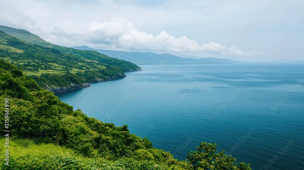 Scenic Coastal View with Lush Greenery and Calm Blue Waters Under a Clear Sky Scenic Coastal View with Lush Greenery and Calm Blue Waters Under a Clear Sky