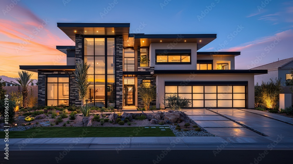 Obraz premium Modern Luxury Home with Sleek Glass Facade and Elegant Design at Sunset, Showcasing Contemporary Architecture, Exterior Lighting, and Upscale Living