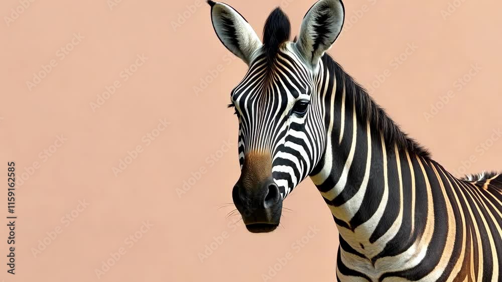 Striking close-up of a zebra with bold striped pattern against a soft pink background