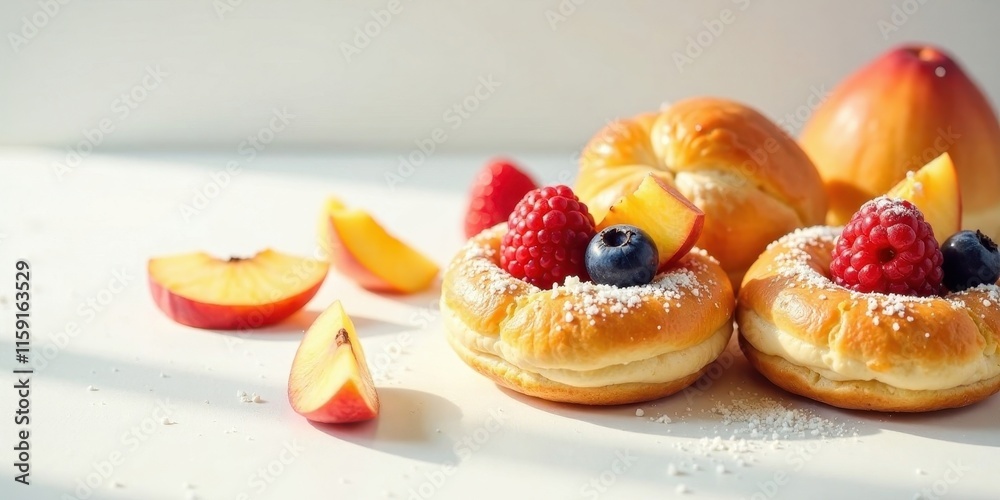 Delightful Pastry Rings Topped with Fresh Raspberries and Blueberries, and Peach Slices