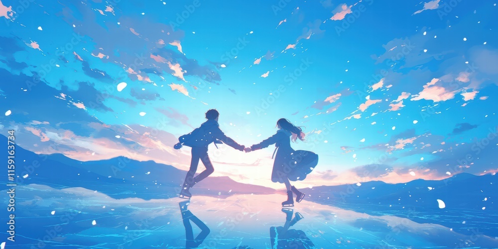 Fototapeta premium Winter Wonderland Friendship Anime Characters Ice Skating Together in Snowy Mountains