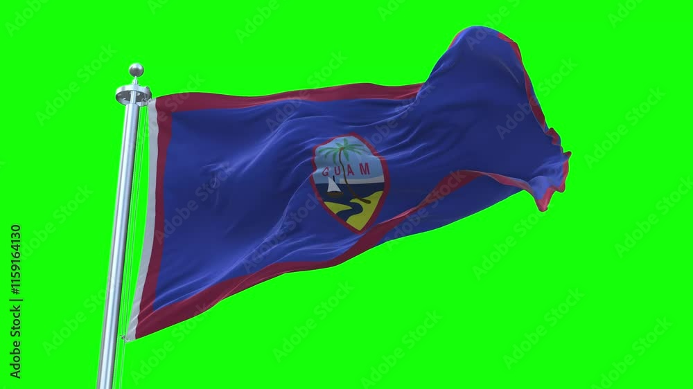 National Flag of Guam Animation - Guam Flag Waving in Loop and Textured 3d Rendered on a green screen background, Loopable 4K